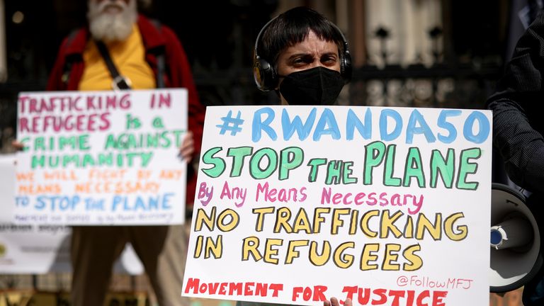 People protest against in the Rwanda deportation plan in London