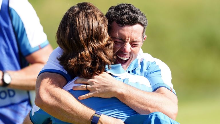 Team Europe&#39;s Rory McIlroy and Tommy Fleetwood celebrate after winning their foursomes match on day one of the 44th Ryder Cup at the Marco Simone Golf and Country Club, Rome, Italy, ahead of the 2023 Ryder Cup.…