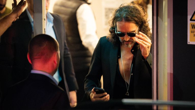 Russell Brand leaves the Troubabour Wembley Park theatre after performing a comedy set