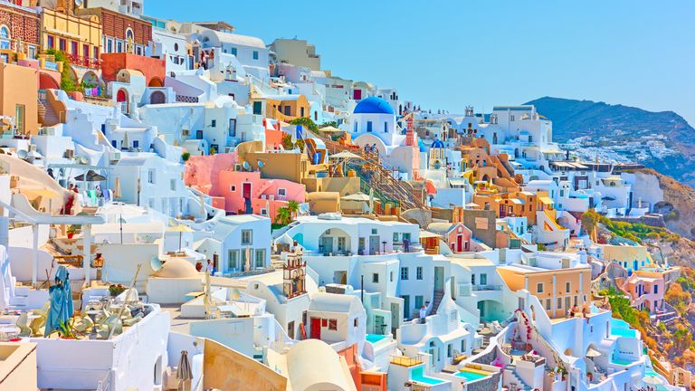 Colorful panoramia of Oia town in Santorini, Greece