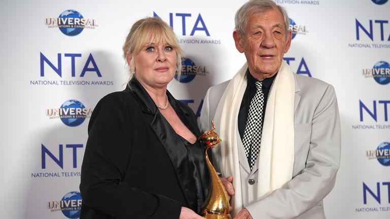 Sarah Lancashire, winner of the Special Recognition award and the Drama Performance award for her work in "Happy Valley", with Sir Ian McKellen at the National Television Awards at the O2 Arena, London. Picture date: Tuesday September 5, 2023.