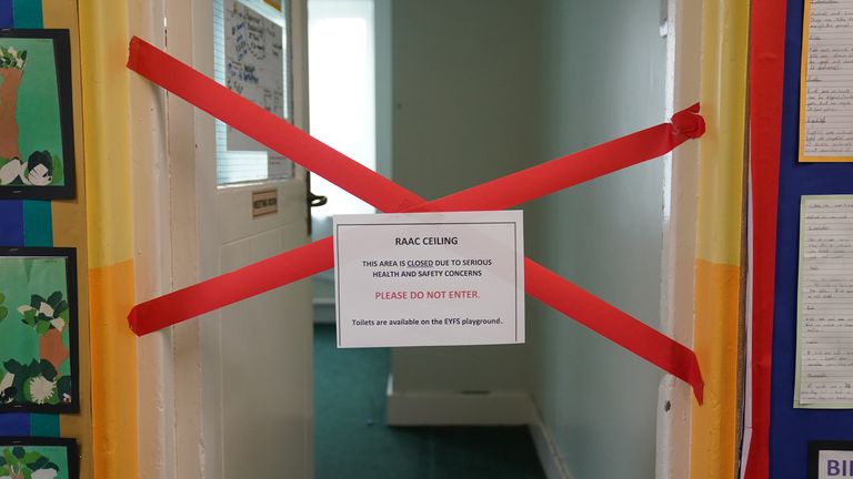 A taped off section inside Leicester&#39;s Parks Primary School which has been affected by RAAC fears