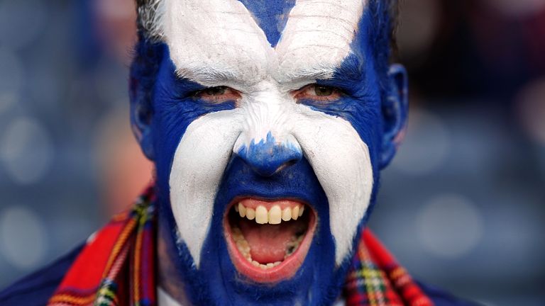 A Scotland fan during the 150th Anniversary Heritage international friendly match at Hampden Park, Glasgow. Picture date: Tuesday September 12, 2023. PA Photo. See PA story SOCCER Scotland. Photo credit should read: Jane Barlow/PA Wire...RESTRICTIONS: Use subject to restrictions. Editorial use only, no commercial use without prior consent from rights holder.