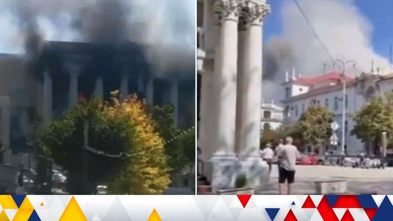 A screengrab from social media shows smoke billowing from the top of a building, alleged to be the Black Sea Fleet Headquarters, following a missile attack in Sevastopol on September 22. 