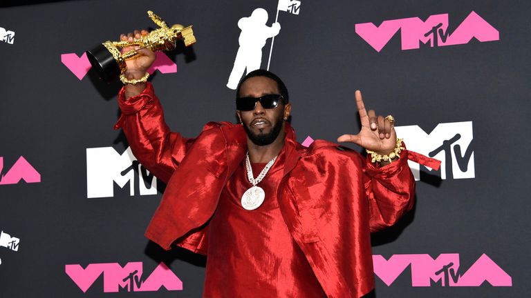 Sean "Diddy" Combs, winner of the global icon award, poses in the press toom at the MTV Video Music Awards on Tuesday, Sept. 12, 2023, at the Prudential Center in Newark, N.J. (Photo by Evan Agostini/Invision/AP)