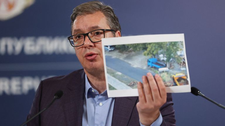 Serbia&#39;s President, Aleksandar Vucic speaks during a press conference in Belgrade
