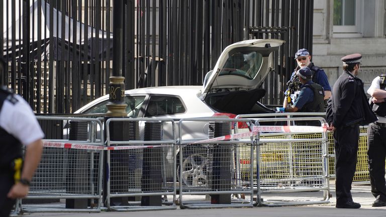 File photo dated 25/05/23 of police at the scene after a car collided with the gates of Downing Street in London. Seth Kneller, from Crewe, was detained by armed officers after a collision involving a silver Kia near the Prime Minister&#39;s official residence in Whitehall at 4.20pm on Thursday.