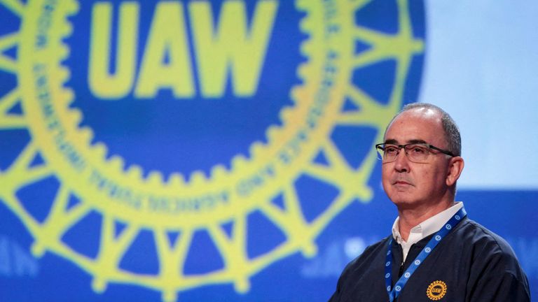 FILE PHOTO: UAW President Shawn Fain chairs the 2023 Special Elections Collective Bargaining Convention in Detroit, Michigan, U.S., March 27, 2023. REUTERS/Rebecca Cook/File Photo