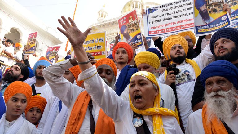 Sikh protests for the anniversary of Operation Blue Star at the Golden Temple. Pic: AP