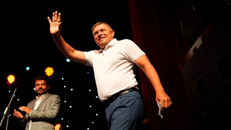 Former Slovak Prime Minister and head of leftist SMER - Social Democracy party, Robert Fico waves to his supporters during an election rally in Michalovce, Slovakia, Wednesday, Sept. 6, 2023. Fico, whose party is favored to win Slovakia...s early parliamentary election this month plans to reverse the country...s military and political support for neighboring Ukraine in a direct challenge to the European Union and NATO, if he returns to power.  (AP Photo/Petr David Josek)