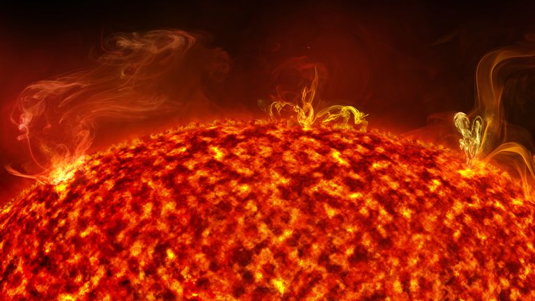 close up of solar flares on sun surface, 3d illustration