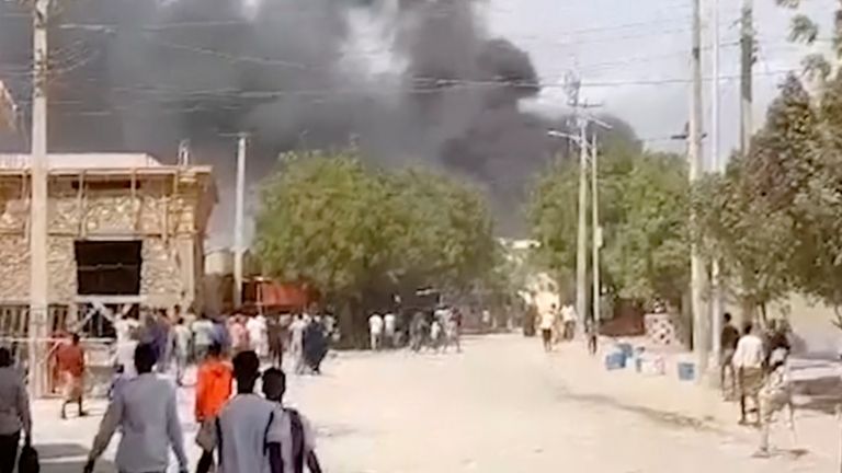 Smoke billows after an explosion in Beledweyne, Somalia. Pic: AP