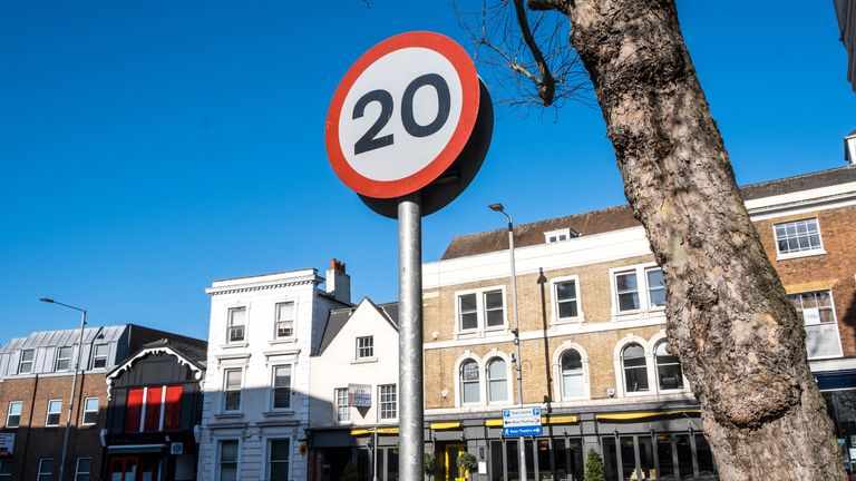 Kingston, London UK, April 7 2021, 20mph Road Speed Limit Traffic Sign Against A Blue Sky With No People. Pic: iStock