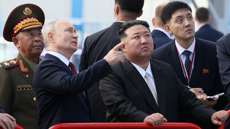 Vladimir Putin and North Korea&#39;s leader Kim Jong Un visit the Vostochny Cosmodrome in the far eastern Amur region 
Pic:Sputnik/Reuters