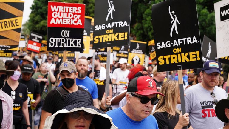 Photo by: gotpap/STAR MAX/IPx 2023 9/13/23 Atmosphere at the SAG-AFTRA and WGA strike on September 13, 2023 at the Netflix to Paramount SAG Aftra Solidarity March in Hollywood, California.