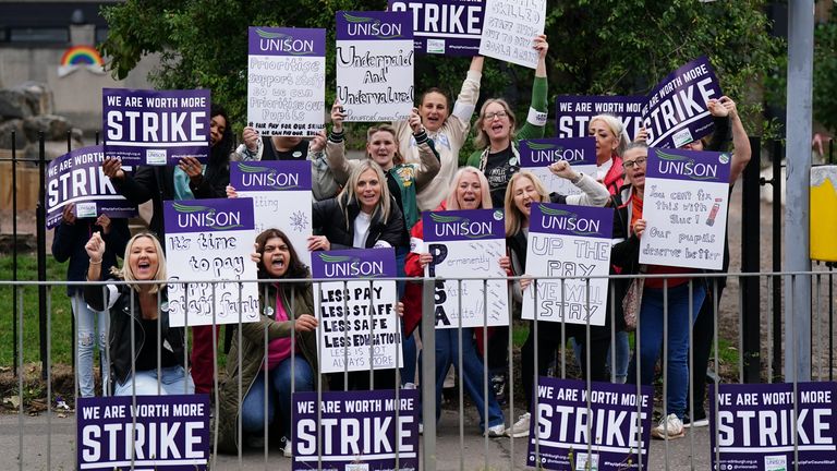 School support workers, who are members of Unison, on the picket line at Trinity Primary School in Edinburgh. Essential school staff including cleaners, janitors and support workers have been locked in a pay dispute, with a new offer estimated to cost �580 million. Picture date: Tuesday September 26, 2023.