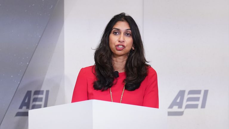 Home Secretary Suella Braverman delivers a keynote address on global migration challenges at the American Enterprise Institute in Washington DC, during her three-day visit to the US. Picture date: Tuesday September 26, 2023. PA Photo. See PA story POLITICS Braverman. Photo credit should read: Stefan Rousseau/PA Wire 