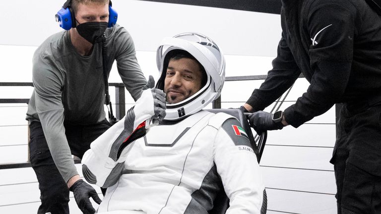 United Arab Emirates astronaut Sultan al-Neyadi is helped out of the SpaceX capsule. Pic: AP

gestures as he is helped out of a SpaceX capsule onboard a recovery ship after he and NASA astronauts Warren "Woody" Hoburg, Stephen Bowen, and Roscosmos cosmonaut Andrei Fedyaev landed in the Atlantic Ocean off the Florida coast, Monday, Sept. 4, 2023. The astronauts are back on Earth after a six-month stay at the International Space Station.  (Joel Kowsky/NASA via AP)