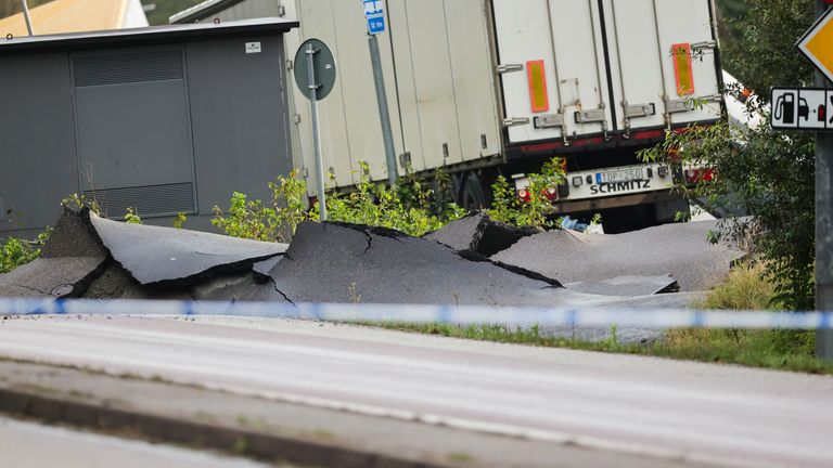 The motorway was badly damaged. Pic: Adam Ihse/TT News Agency via AP
