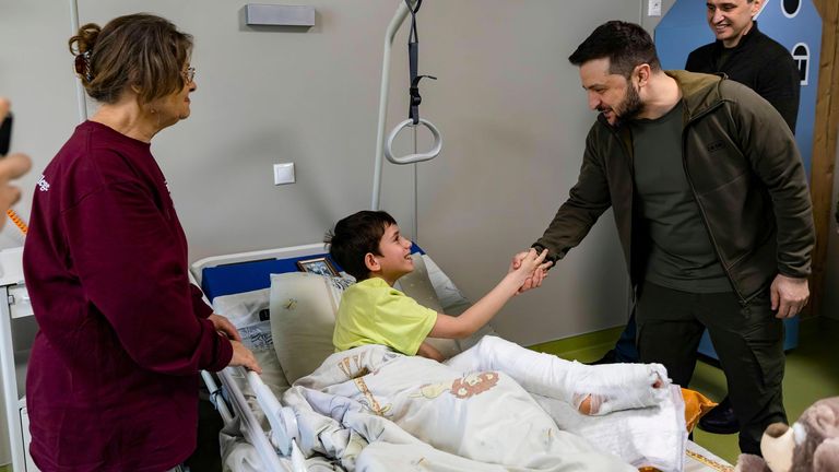 Ukraine President Volodymyr Zelenskyy during a visit to the Okhmatdyt National Children&#39;s Specialized Hospital