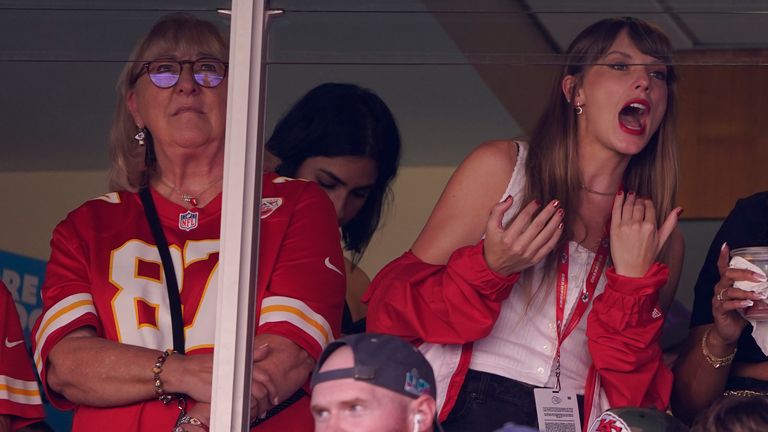 Taylor Swift, right, watches from a suite alongside Travis Kelce&#39;s mother, Donna Kelce. Pic: AP