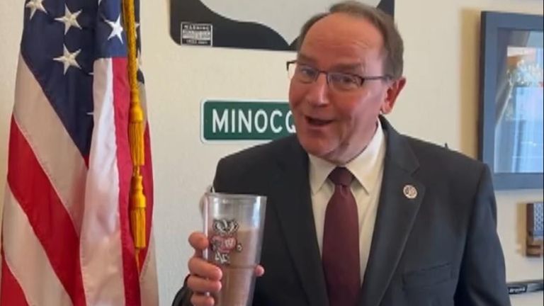 US representative for Wisconsin Tom Tiffany is fighting to keep chocolate milk on the menu in schools. Pic: X?