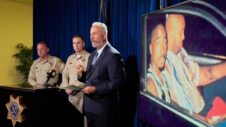 Clark County District Attorney Steve Wolfson speaks during a news conference on an indictment in the 1996 murder of rapper Tupac Shakur, Friday, Sept. 29, 2023, in Las Vegas. (AP Photo/John Locher)