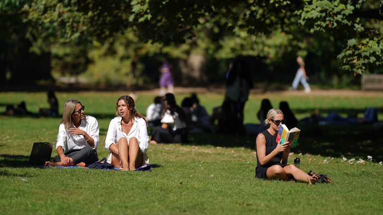 People enjoying the hot weather in St James&#39;s Park, central London. Picture date: Monday September 4, 2023.