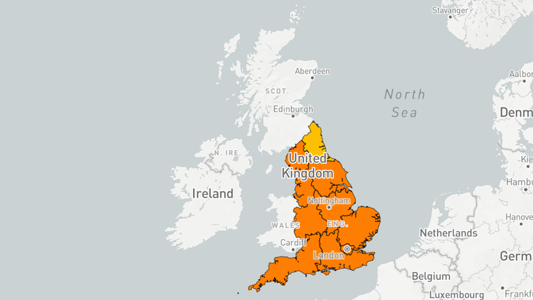Areas of the UK currently under yellow and amber heat-health alerts. Pic: UKHSA