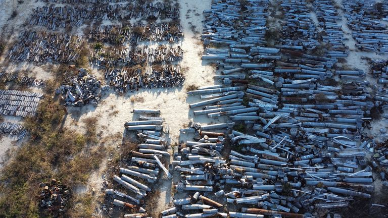 A view shows remains of MLRS and artillery shells, cruise and ballistic missiles used by Russian troops for military strikes of the city and collected by sappers in Kharkiv, Ukraine November 29, 2022. REUTERS/Vitalii Hnidyi
