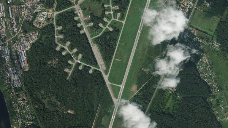 A satellite image shows the air base in Pskov. Pic: AP