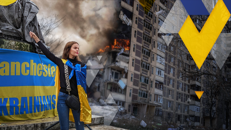 Left, Alyona Kaporina holds a Ukrainian rally in Manchester, photographed by Ste Blackledge, and right, a file photo of Avdiivka after a Russian airstrike taken by the Associated Press.