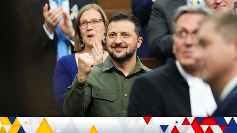President Zelenskyy pumps his during visit to Canada