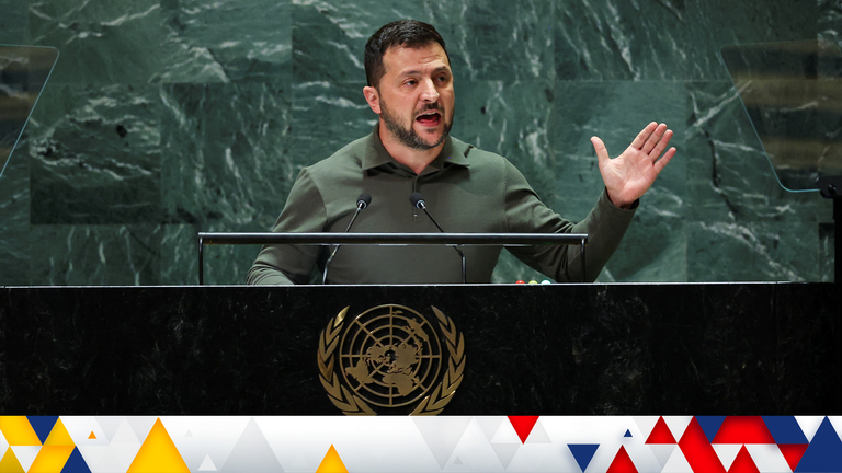 Volodymyr Zelenskyy addresses the UN General Assembly in New York