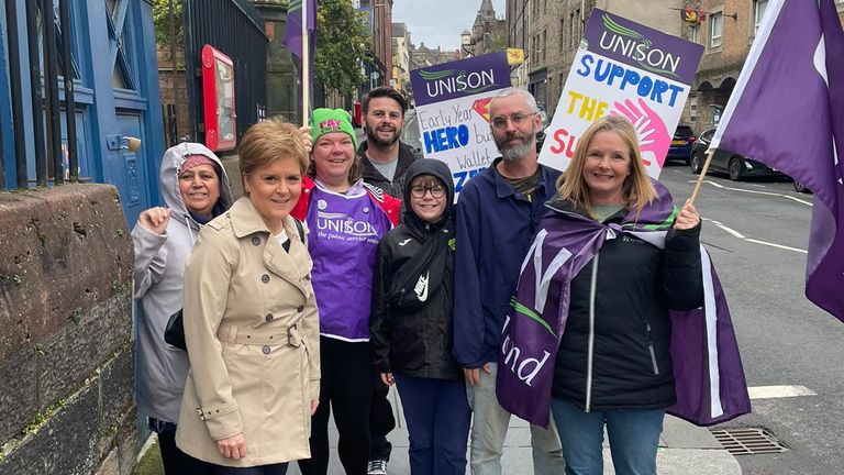 Nicola Sturgeon with striking Unison members outside Royal Mile Primary School in Edinburgh. Pic: Unison Scotland
