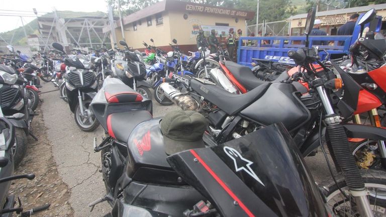 Motorbikes seized by Venezuelan security services after a raid on notorious Tocoron prison 