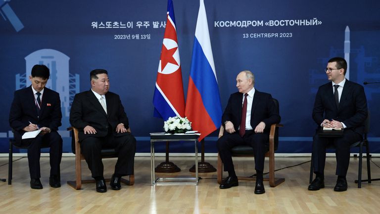  Vladimir Putin meets with North Korea&#39;s leader Kim Jong Un at the Vostochny Cosmodrome
Pic:Sputnik/Reuters