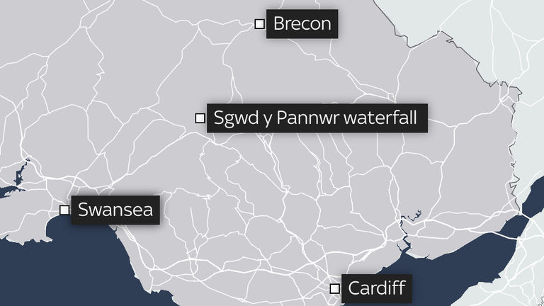 Map showing location of Sgwd y Pannwr waterfall
