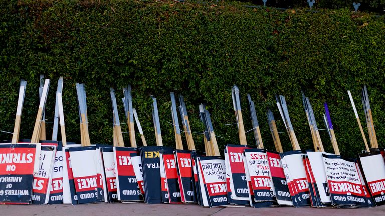 Strike signs outside Disney Studios in Burbank, California in July