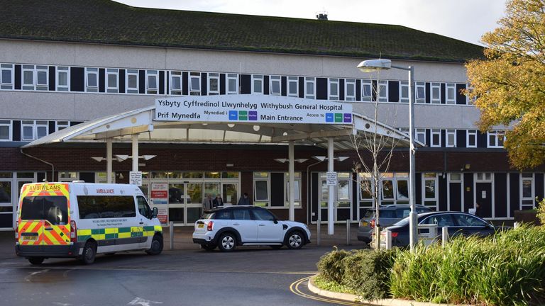 The main entrance to Withybush General Hospital, Haverfordwest, Pembrokeshire, Wales - Image ID: 2M586ME (RF)
