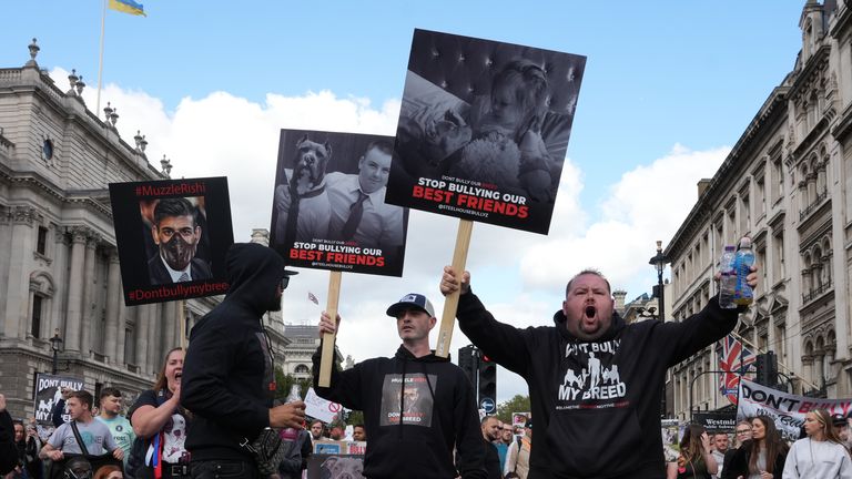 People take part in a protest in central London, against the Government&#39;s decision to add XL bully dogs to the list of prohibited breeds under the Dangerous Dogs Act following a spate of recent attacks. Picture date: Saturday September 23, 2023.