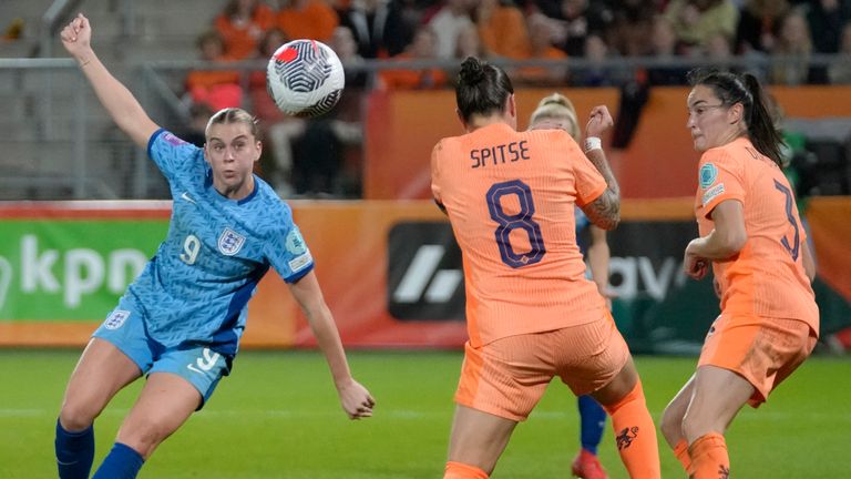 England&#39;s Alessia Russo, left, scores her side&#39;s first goal vs Netherlands 