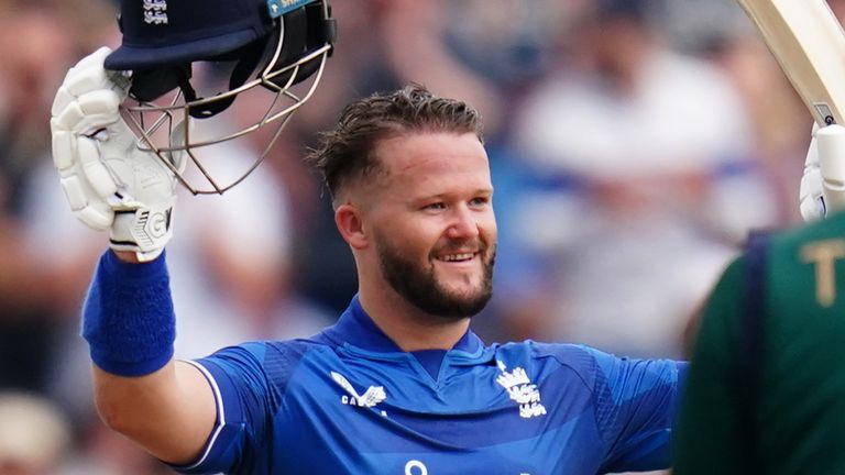 Ben Duckett celebrates bringing up his maiden century for England in the third ODI against Ireland