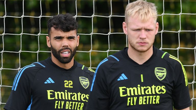 ST ALBANS, ENGLAND - AUGUST 20: (L-R) David Raya and Aaron Ramsdale of Arsenal during a training session at London Colney on August 20, 2023 in St Albans, England. (Photo by Stuart MacFarlane/Arsenal FC via Getty Images)