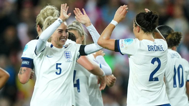 England&#39;s Lucy Bronze celebrates scoring against Scotland