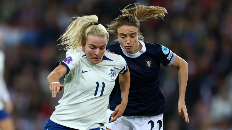 Lauren Hemp of England battles for possession Christy Grimshaw of Scotland during the UEFA Women&#39;s Nations League match between England and Scotland at Stadium of Light