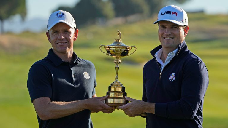 FILE - European Captain Luke Donald, left, and United States Captain Zach Johnson pose with the Ryder Cup trophy at the Marco Simone course that will host the 2023 Ryder Cup, in Guidonia Montecelio, Italy, Monday, Oct. 3, 2022. (AP Photo/Alessandra Tarantino, File)