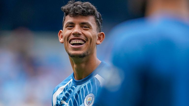 Manchester City&#39;s Matheus Nunes smiles during warm up against Fulham at the Etihad stadium in Manchester on Saturday 2 Sept 2023. (AP Photo/Dave Thompson)