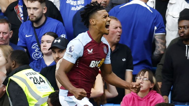 Ollie Watkins celebrates after Villa take a 1-0 lead at Stamford Bridge