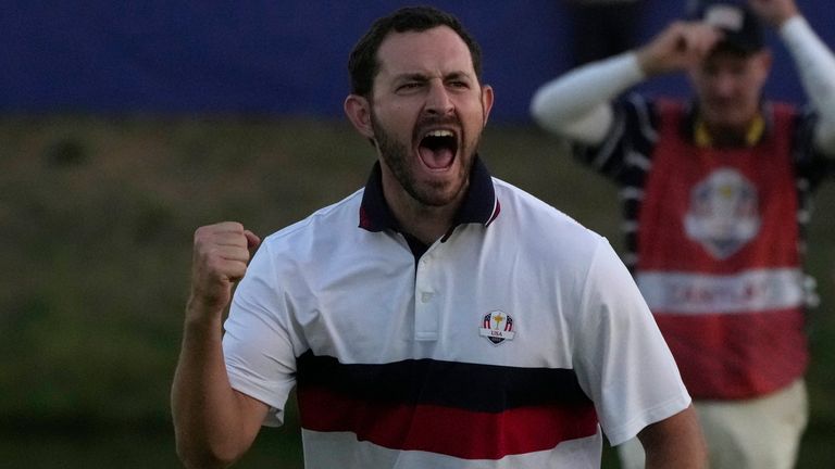 United States&#39; Patrick Cantlay celebrates after holeing his putt on the 18th green to win the afternoon Fourballs match by 1 at the Ryder Cup golf tournament at the Marco Simone Golf Club in Guidonia Montecelio, Italy, Saturday, Sept. 30, 2023.